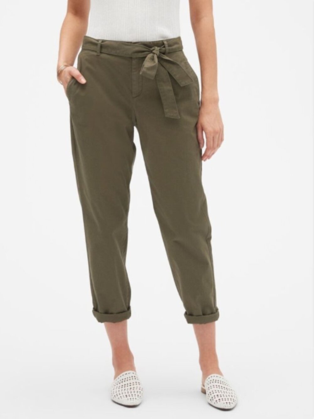 Banana Republic Tie-Belt Chino Pants Womens 4 Green Pockets Cotton Stretch Crop